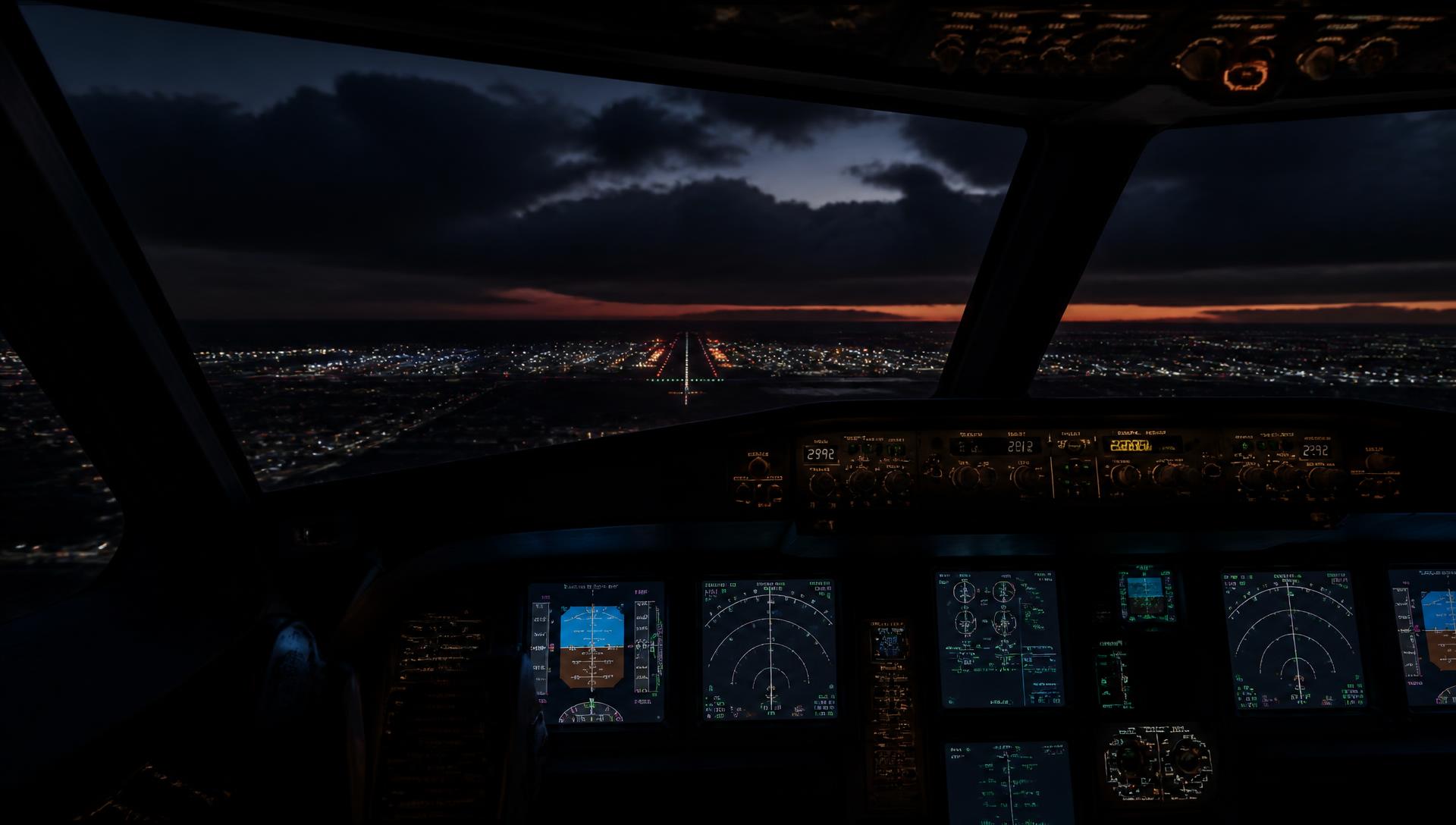 Night approach seen from an airliner flight deck with glowing instruments